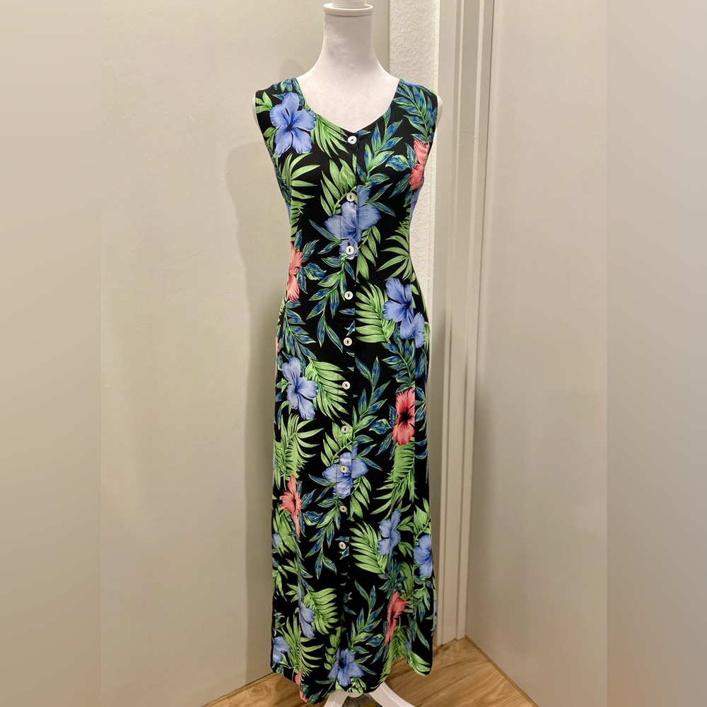 VTG 90s Koret Black Hawaiian Tropical Floral Button-Up Sleeveless Maxi Dress